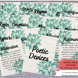 Poetry Printable Poster Set, Literary Devices, Literature Poster, High School English, Literature Teacher, English Classroom