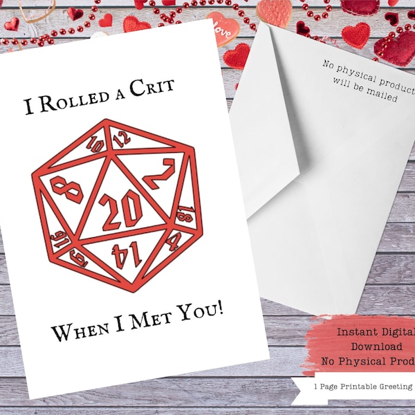 D20 Valentine Card, D20 Gift, Printable Valentine, Printable Cards, Funny Valentine, D20 Dice, D20 Heart, RPG Dice, RPG Gifts, RPG Valentine