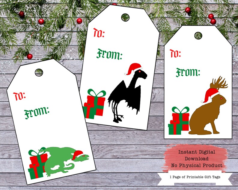 Puede incluir: Tres etiquetas de regalo imprimibles con un drag&oacute;n negro, un conejo marr&oacute;n y un drag&oacute;n verde, todos con gorros de Pap&aacute; Noel. Las etiquetas tienen las palabras "Para:" y "De:" impresas en ellas. El texto "Descarga digital instant&aacute;nea Sin producto f&iacute;sico 1 p&aacute;gina de etiquetas de regalo imprimibles" tambi&eacute;n est&aacute; incluido.