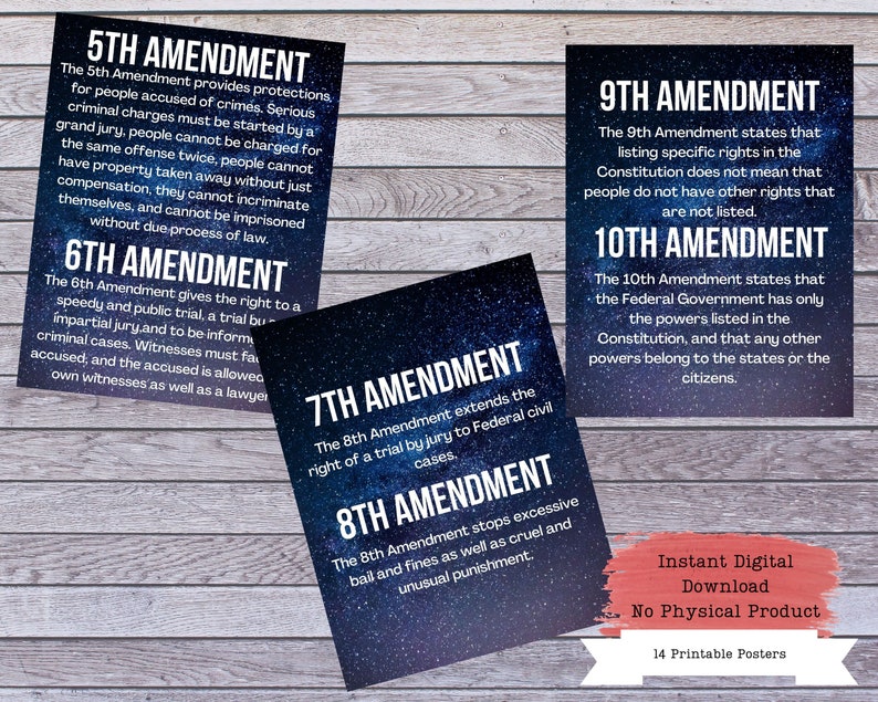 US Amendments Printable Poster Set, US Constitution Wall Art, Bill of ...