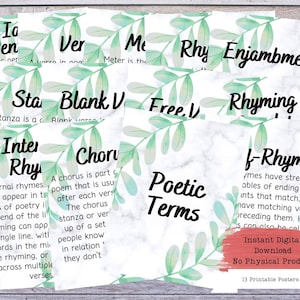 Poetry Terms Printable Poster Set, Literary Devices, Literature Poster, High School English, Literature Teacher, English Classroom