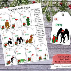Puede incluir: Etiquetas de regalo imprimibles con ilustraciones de varios cr&iacute;ptidos, incluyendo el Mothman, el Diablo de Jersey y el monstruo del Lago Ness. Las etiquetas est&aacute;n dise&ntilde;adas con un tema navide&ntilde;o festivo, con colores rojo y verde y gorros de Pap&aacute; Noel. El texto en las etiquetas dice "Para:" y "De:".