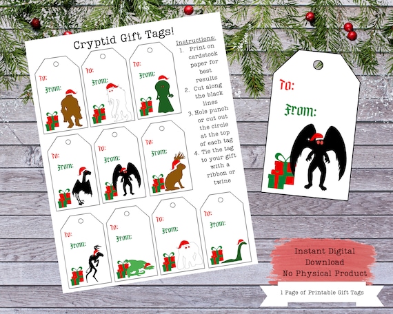 Cryptid Gift Tags, Printable Gift Tags, Cryptid Christmas, Mothman Christmas, Cryptid Art, Cryptid Core, Mothman Printable, Cryptid Hunter