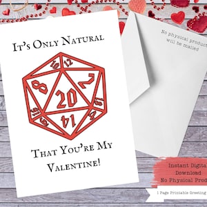 W20 Valentinskarte, RPG Geschenke, RPG Valentine, Lustiger Valentinstag, W20 Würfel, W20 Herz, W20 Geschenk, druckbare Valentinskarte, druckbare Karten, RPG Würfel