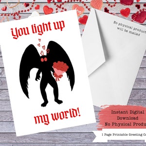 Mothman Valentine, Cartão Mothman, Cryptid Valentine, Presentes Mothman, Cartões imprimíveis, Cartão de férias Cryptid, Dia dos namorados imprimível