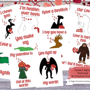 Cryptid Valentines, Valentines Cards, Printable Cards, Printable Valentines, Monster Valentine, Mothman Card, Cryptid Holiday Card