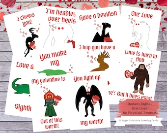 Cryptid Valentines, Valentines Cards, Printable Cards, Printable Valentines, Monster Valentine, Mothman Card, Cryptid Holiday Card