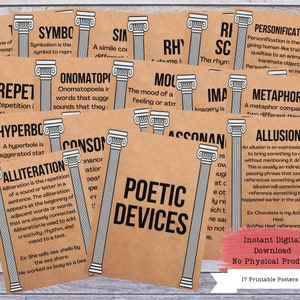 Poetry Printable Poster Set, Literary Devices, Literature Poster, High School English, Literature Teacher, English Classroom