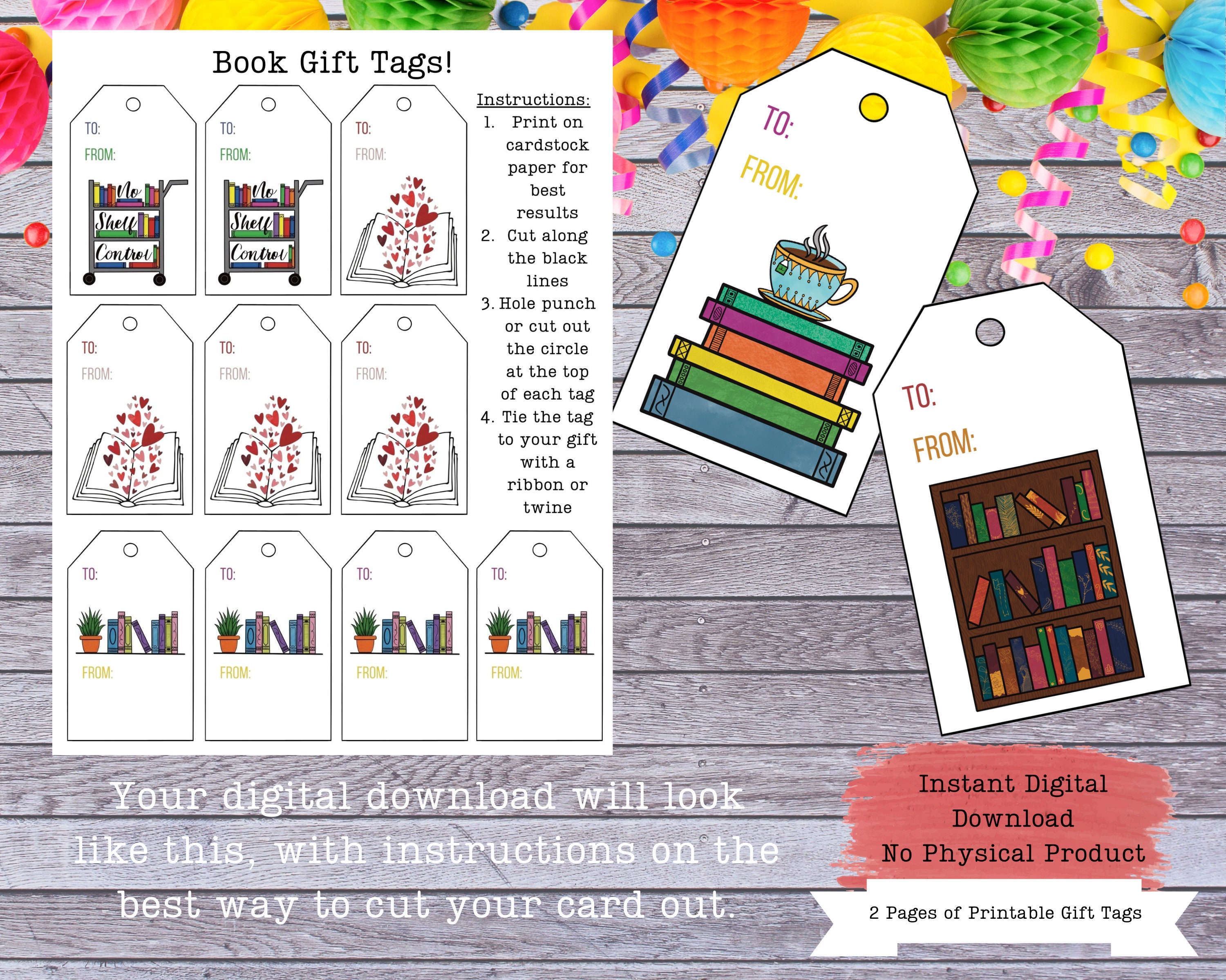 Printable Book Gift Tags, Bibliophile Gift Tags, Bookshelf Gift Label ...