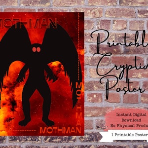 Mothman Printable Poster, Mothman Portrait, Mothman Art Print, Mothman Wall Art, Cryptid Art Prints, Cryptid Wall Art, Cryptid Decor