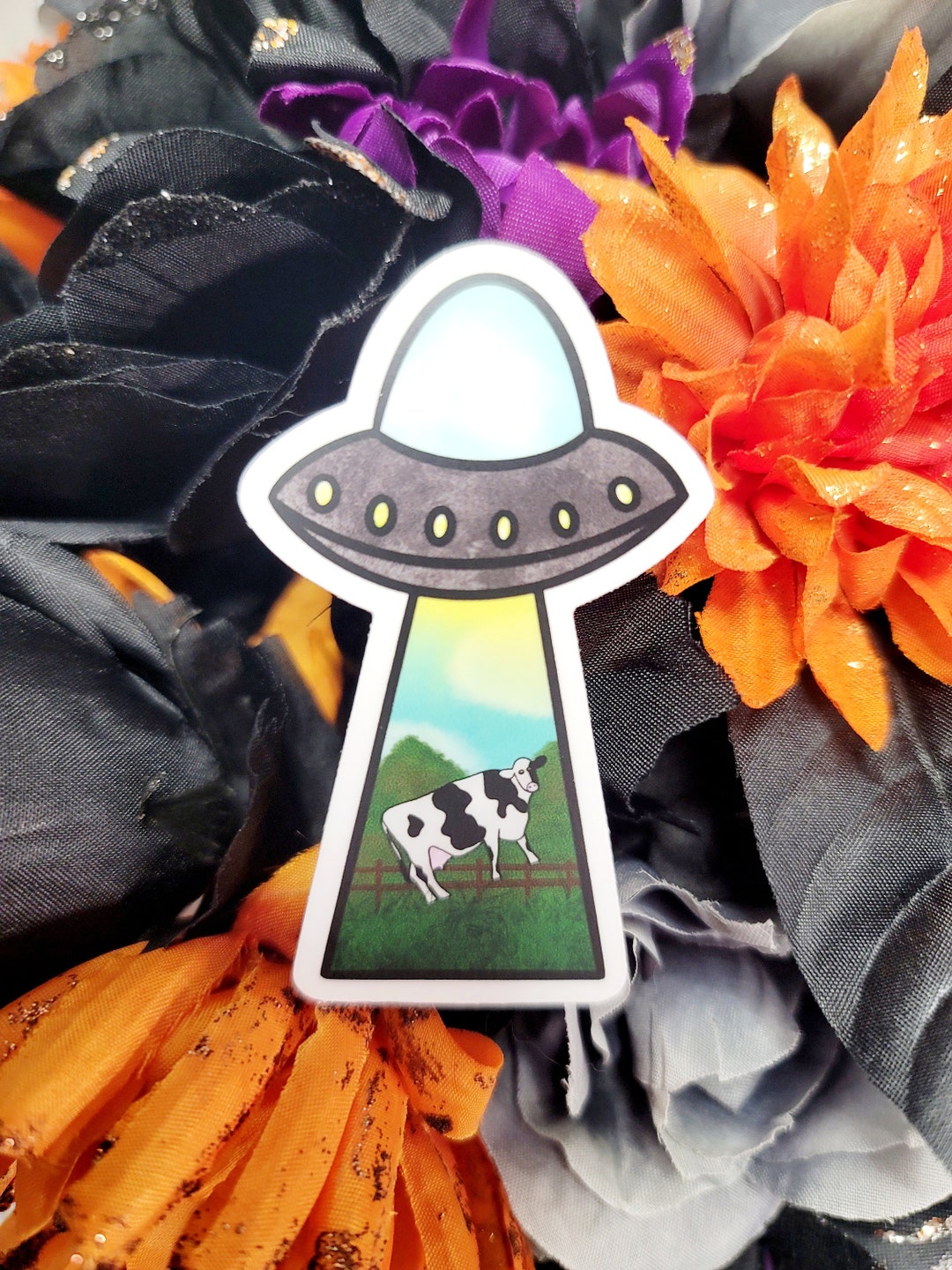 Cow Alien Abduction Sticker, Alien Ship Sticker, UFO Sticker, UFO ...