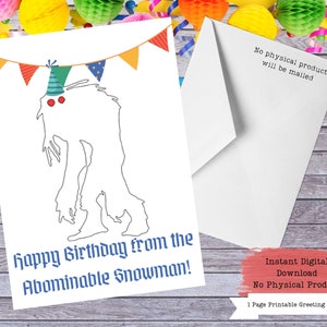 Bonhomme de neige abominable, anniversaire de cryptide, cartes de cryptide, cartes à imprimer, cadeau de cryptide, art de cryptide, noyau de cryptide, chasseur de cryptide, cartes étranges