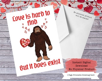 Bigfoot Card, Cryptid Valentines, Weird Cards, Printable Valentines, Bigfoot Gifts, Bigfoot Printable, Printable Cards, Cryptid Cards