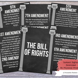 Bill of Rightes druckbares Poster-Set, US-Verfassung, Wandkunst, US-Änderungen, US-Regierung, Regierungslehrer, Regierungsposter