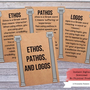 Könnte beinhalten: Drei druckbare Poster mit braunem Hintergrund und einem grauen Säulendesign. Jedes Poster zeigt ein anderes griechisches Wort: Ethos, Pathos und Logos. Jedes Poster erklärt die Bedeutung des Wortes und wie es in der persuasiven Rede verwendet wird.