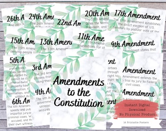 US Amendments Printable Poster Set, US Constitution Wall Art, Bill of Rights, US Government, Government Teacher, Government Poster