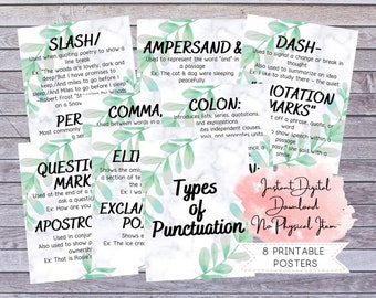 Printable ELA Poster, Punctuation Poster, English Teacher, Classroom Decor, Reading Teacher, Punctuation Chart, Grammar Poster