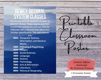 May include: A blue and white printable classroom poster with the Dewey Decimal System classes listed. The poster has the text "Printable Classroom Poster" in black cursive font. The poster also has the text "Instant Digital Download No Physical Product 1 Printable Poster" in white text on a red background.