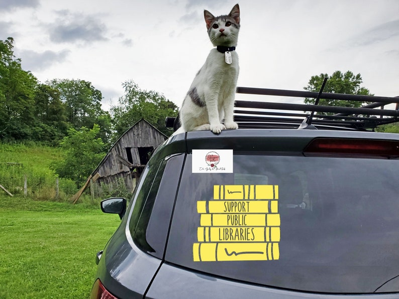 May include: A white and gray cat sits on the back of a gray car. A yellow sticker on the car reads "Support Public Libraries" with a stack of books illustrated in yellow.