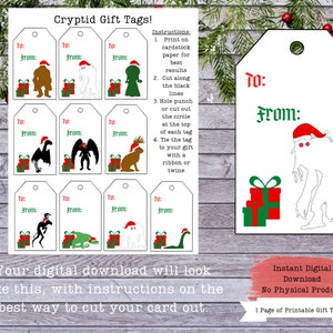 Puede incluir: Etiquetas de regalo imprimibles con ilustraciones de varios cr&iacute;ptidos, incluyendo Bigfoot, el monstruo del lago Ness y el diablo de Jersey. Las etiquetas est&aacute;n dise&ntilde;adas para Navidad y presentan cajas de regalo rojas y verdes y gorros de Pap&aacute; Noel. El texto en las etiquetas dice "Para:" y "De:".