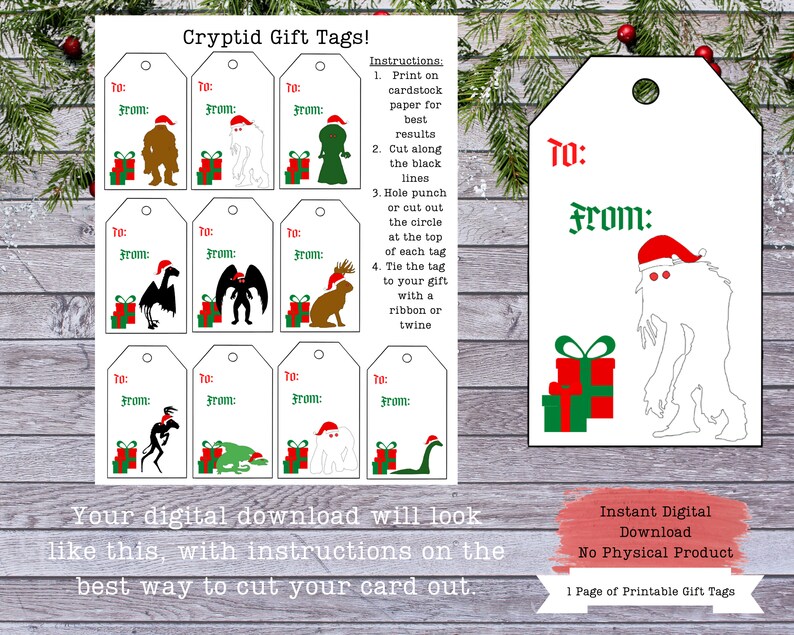 Puede incluir: Etiquetas de regalo imprimibles con ilustraciones de varios cr&iacute;ptidos, incluyendo Bigfoot, el monstruo del lago Ness y el diablo de Jersey. Las etiquetas est&aacute;n dise&ntilde;adas para Navidad y presentan cajas de regalo rojas y verdes y gorros de Pap&aacute; Noel. El texto en las etiquetas dice "Para:" y "De:".