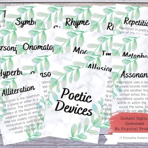 Poetry Printable Poster Set, Literary Devices, Literature Poster, High School English, Literature Teacher, English Classroom