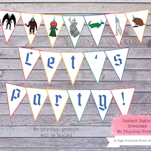 May include: A printable party banner with triangular flags featuring various cartoon creatures and the words "Let's Party!" in blue gothic font. The banner is designed for an event and includes the text "Instant Digital Download".