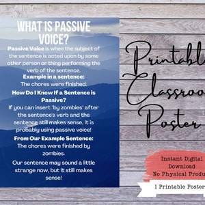 Passive Voice Classroom Poster, English Class Poster, Reading Classroom, Writing Poster, Teacher Poster, Classroom Printables