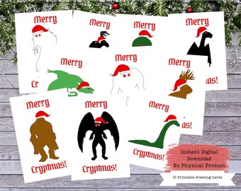 Könnte beinhalten: Zehn druckbare Grußkarten mit verschiedenen Kryptiden, die Weihnachtsmützen tragen. Zu den Kryptiden gehören das Ungeheuer von Loch Ness, Bigfoot, der Jersey-Teufel und mehr. Die Karten sagen "Frohe Cryptmas!"