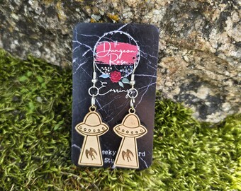Mothman Alien Abduction Dangle Earrings, UFO Gifts, UFO Earrings, Flying Saucer, Alien Gifts, Alien Earrings, Alien Abduction Cow