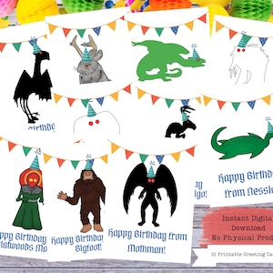 Anniversaire cryptide, jeu de cartes d'anniversaire, cartes cryptides, art cryptide, noyau cryptide, chasseur de cryptides, cartes étranges, cartes imprimables, cadeau cryptide