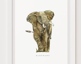 Elefant handgemaltes Aquarell Bild Druck A4 A5 Portrait Kinderzimmer Kunst