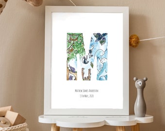 A-Z Personalised animal alphabet print, name art, new baby gift, initial, custom, letter art, first name.