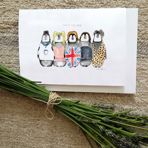 Tarjeta tamaño A6 con el pingüino de las Spicegirls "Zigazig ah" o "Me das sabor a mi vida".