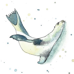 Sea lion seal hand-made watercolour painting print A4 A5 portrait nursery art