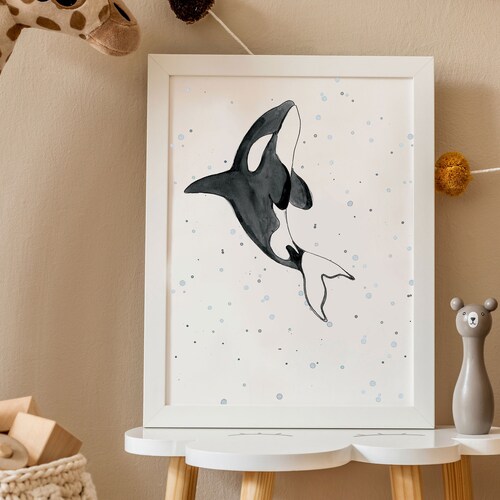 Orca killer-whale hand-made watercolour painting print A4 A5 portrait nursery art