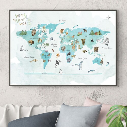 El mapa animal del mundo acuarela cartel impreso A3 A2 paisaje guardería arte casero enmarcado