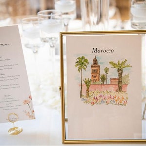 Noms de table illustrés de papeterie de mariage - Belle peinture personnalisée sur mesure du lieu et des fleurs de la carte du mariage