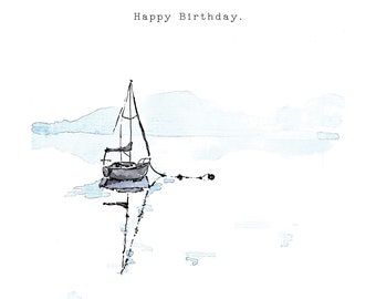 Happy birthday yacht sailing boat at buoy birthday card A6