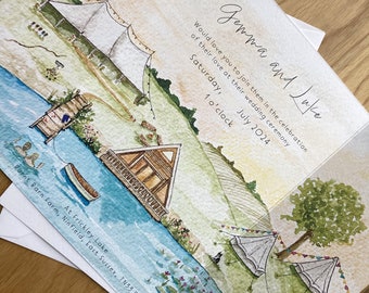 Bespoke custom beautiful illustrated Wedding invitations and Stationery painting of venue and flowers wedding map order of the day