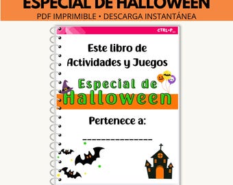 May include: A spiral-bound activity book titled "Este libro de Actividades y Juegos Especial de Halloween" with a white cover featuring a purple witch hat, three colorful balloons, black bats, and a black haunted house illustration.