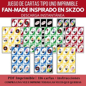 Può includere: Un gioco di carte Uno stampabile, fatto dai fan e ispirato a SKZOO. Le carte presentano illustrazioni colorate e il testo "Juego de Cartas Tipo Uno Imprimible" e "Descarga Instantánea". Il set include 116 carte.