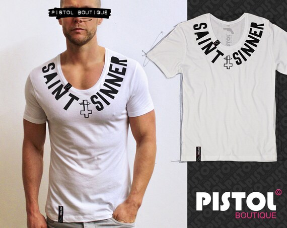 Pistol Boutique mens Black Scoop neck chest SAINT SINNER cross fashion tshirt
