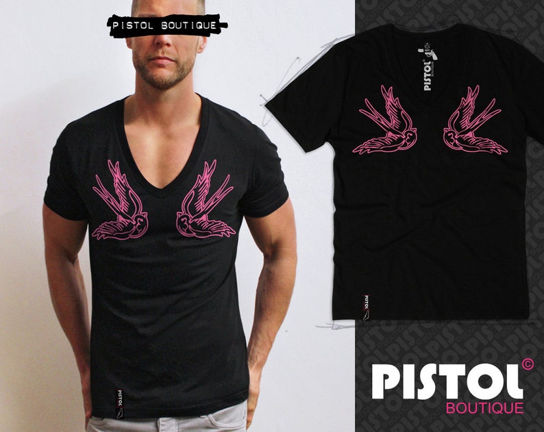 Pistol Boutique mens Black Deep V neck Tattoo chest swallow bird fashion t-shirt