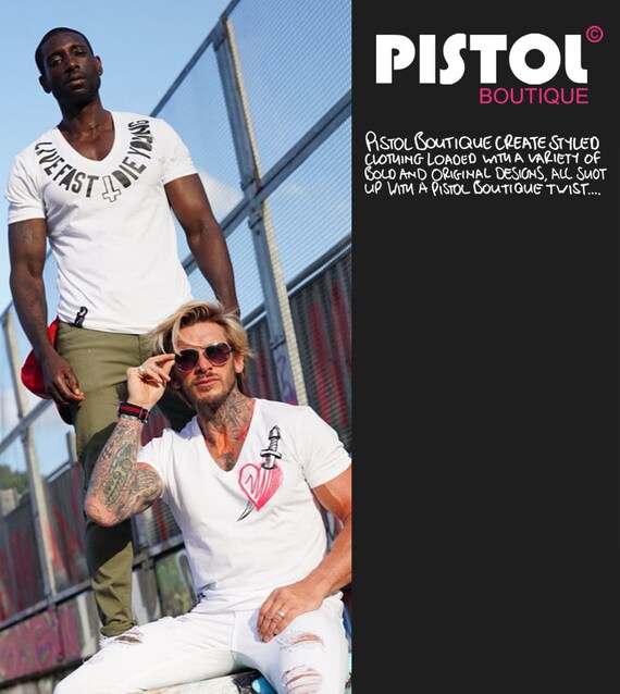 Pistol Boutique Homme Ajusté Uni Charbon Col V Profond Coffre Badge Logo T-Shirt
