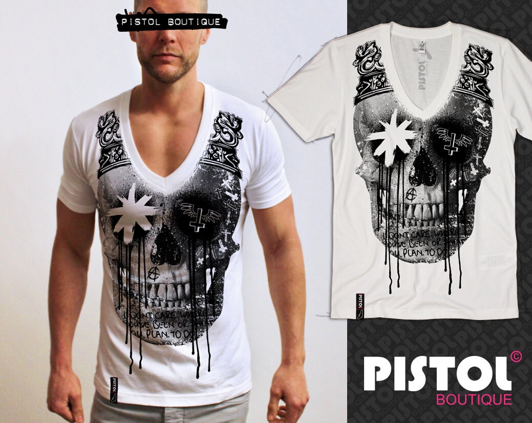 Pistol Boutique mens White Deep V neck GRAFFITI SKETCH SKULL CROWN T-shirt Pistol Boutique mens White Deep V neck GRAFFITI SKETCH SKULL CROWN T-shirt