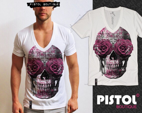 Pistol Boutique men/'s White Deep V neck GRAFFITI ROSE EYES SKULL CROSS T-shirt