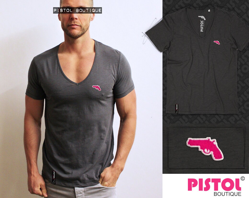 Pistol Boutique Homme Ajusté Uni Charbon Col V Profond Coffre Badge Logo T-Shirt