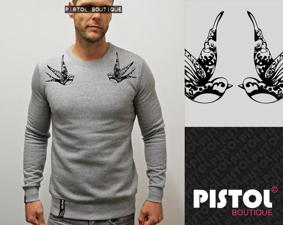 Pistol Boutique Men's Black SHOULDER Neck TATTOO SWALLOWS Standard Fit Crew Neck Fashion T-shirt