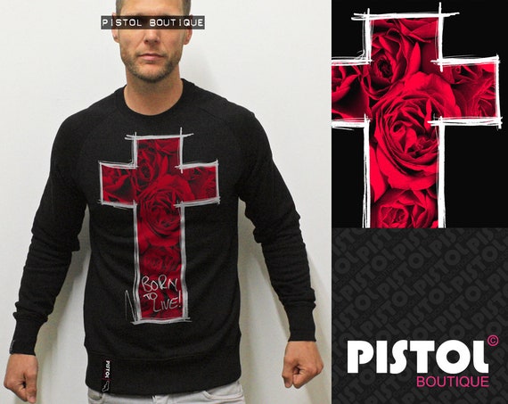 Pistol Boutique mens Black ROSES SKETCH CROSS fashion casual Raglan sweatshirt